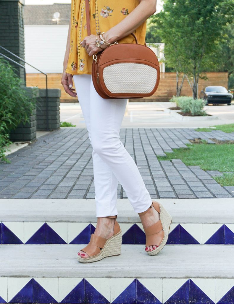 Denim & White Outfit with Patterned Espadrilles