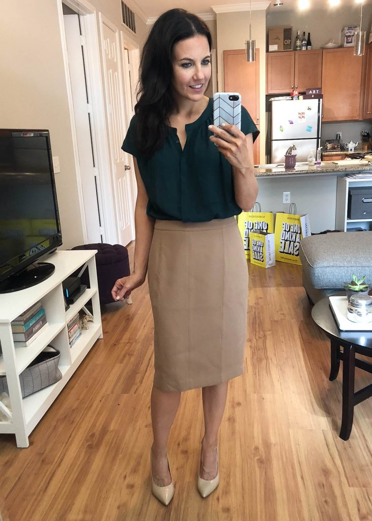 summer work outfit | teal blouse | camel pencil skirt | Nordstrom Anniversary Sale Try On Haul | Houston Fashion Blogger Lady in Violet