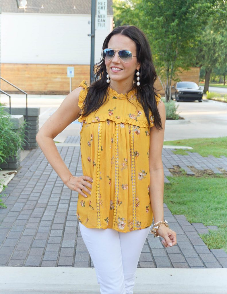 Summer Outfit | Yellow Floral Top | White Ball Earrings | Houston Fashion Blogger Lady in Violet