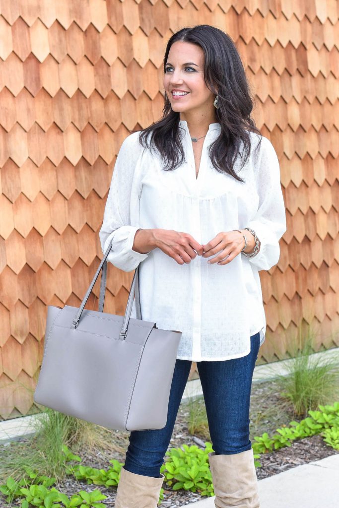 weekend outfit | white tunic top | tory burch tote bag | Houston Fashion Blogger Lady in Violet