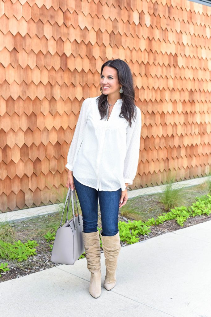 casual fall outfit | long white blouse | tan slouchy boots | Houston Fashion Blogger Lady in Violet