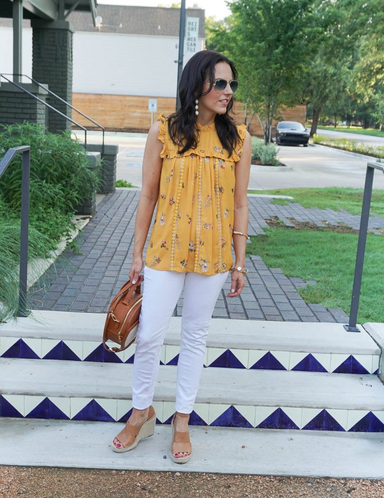 Casual Outfit | Yellow Sleeveless Blouse | White Denim | Houston Fashion Blogger Lady in Violet