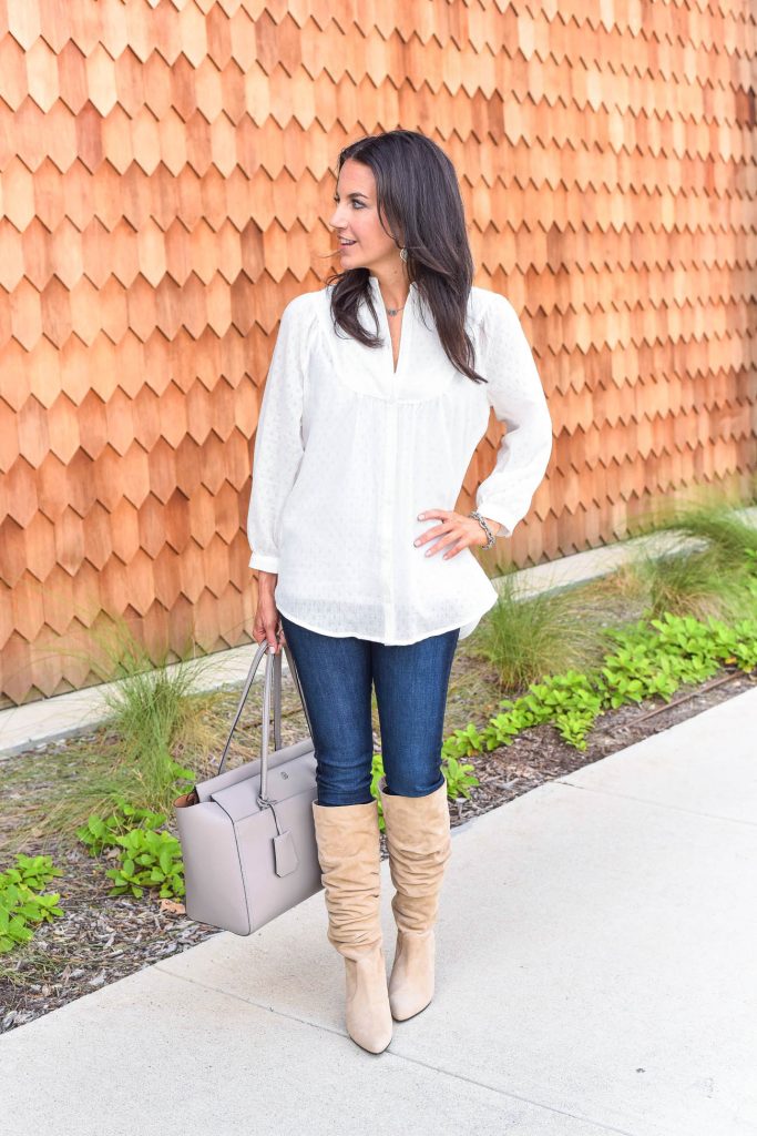 Fall outfit | dark denim with tan suede boots | Houston Fashion Blogger Lady in Violet