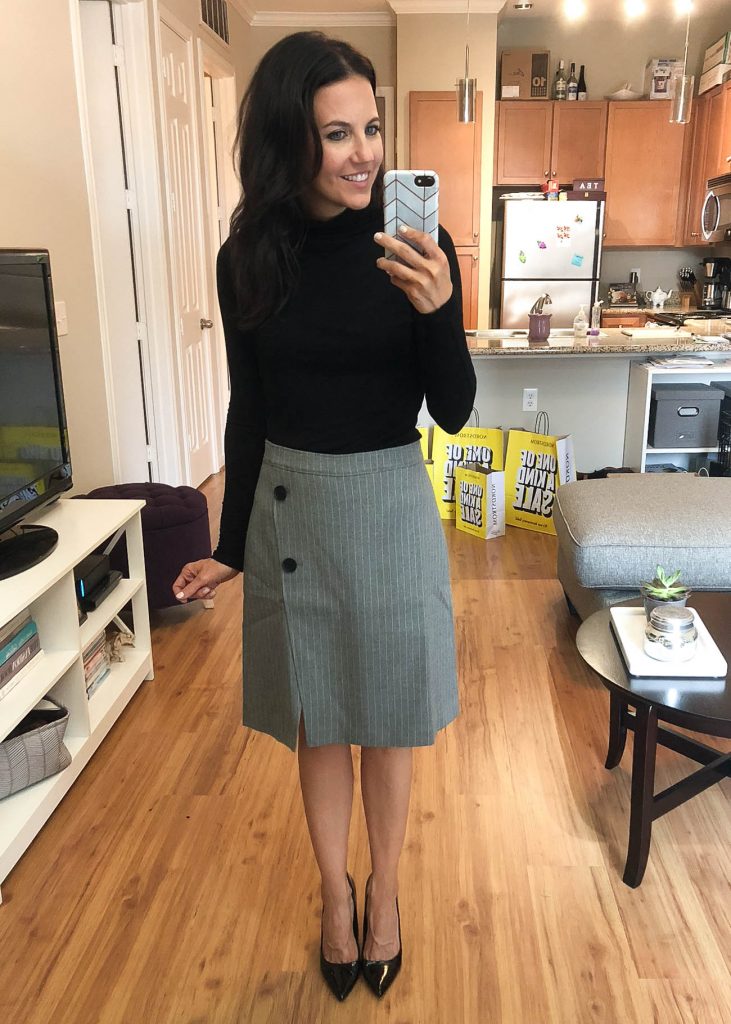 Fall work outfit | black turtleneck top | gray striped skirt | Houston Fashion Blogger Lady in Violet