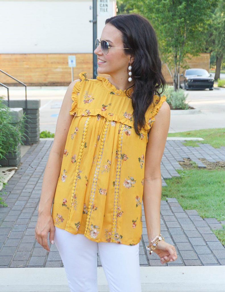 Casual Weekend Outfit | Yellow Floral Top | White Jeans | Houston Fashion Blogger Lady in Violet