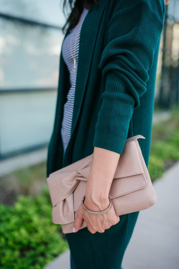 fall outfit | bow clutch purse | long green cardigan | Houston Fashion Blogger Lady in Violet