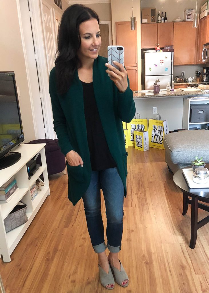 outfit with green cardigan