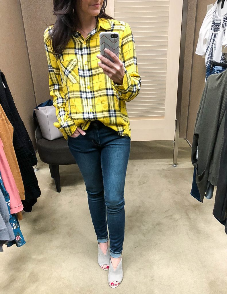 fall outfit | yellow plaid top | blue skinny jeans | Houston Fashion Blogger Lady in Violet