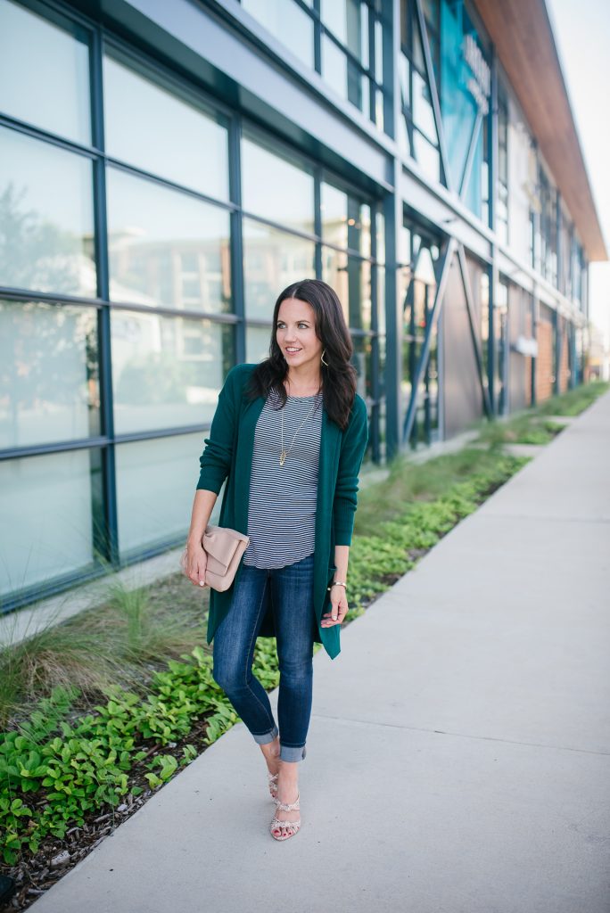 casual weekend outfit | long green cardigan | cuffed jeans | Houston Fashion Blogger Lady in Violet