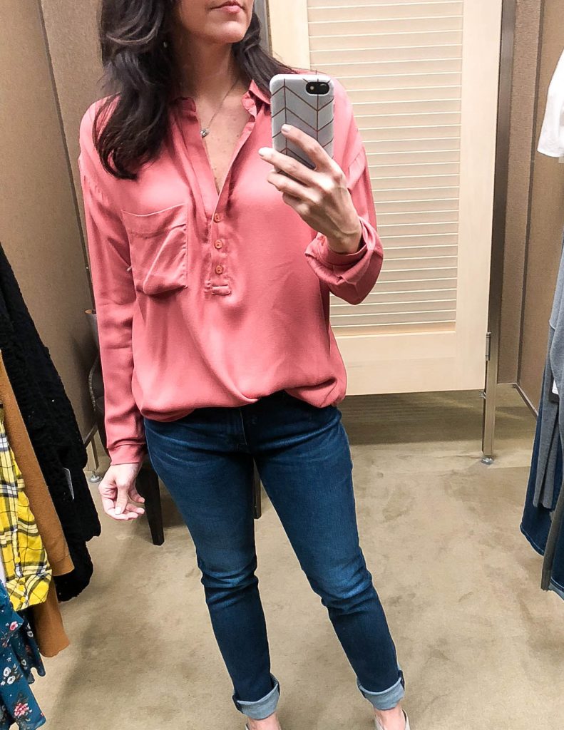 fall outfit | pink blouse | cuffed jeans | Houston Fashion Blogger Lady in Violet