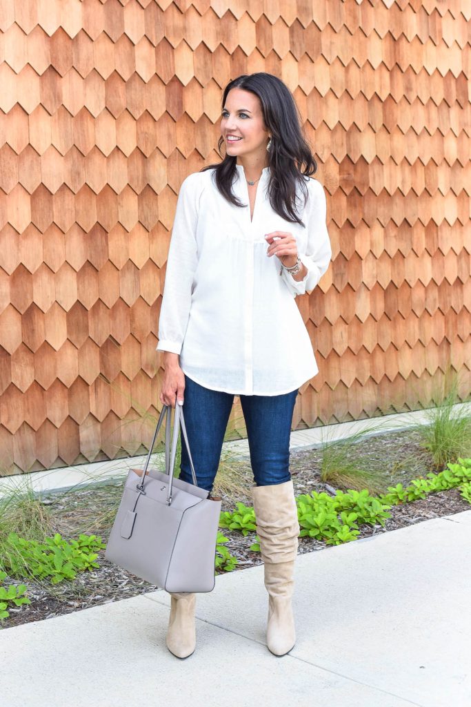 Fall outfit | stuart weitzman boots | white tunic top | Houston Fashion Blogger Lady in Violet