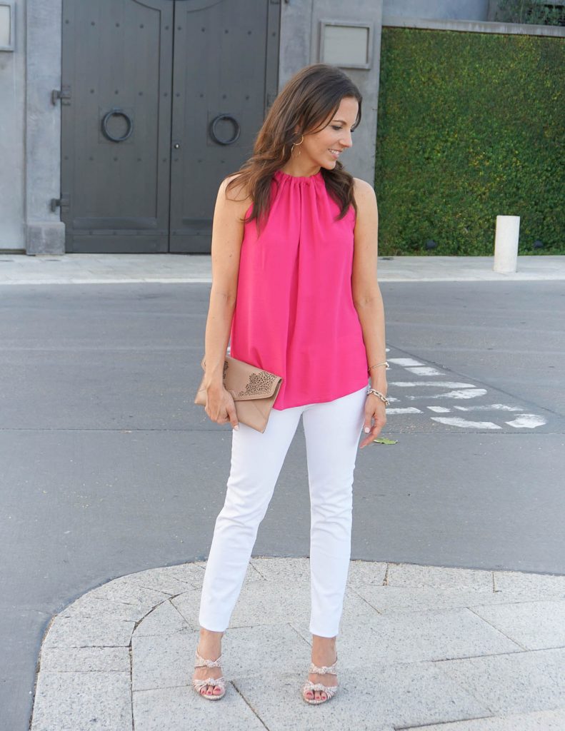 Summer Outfit | Pink Halter Top | White Skinny Jeans | Houston Fashion Blogger Lady in Violet