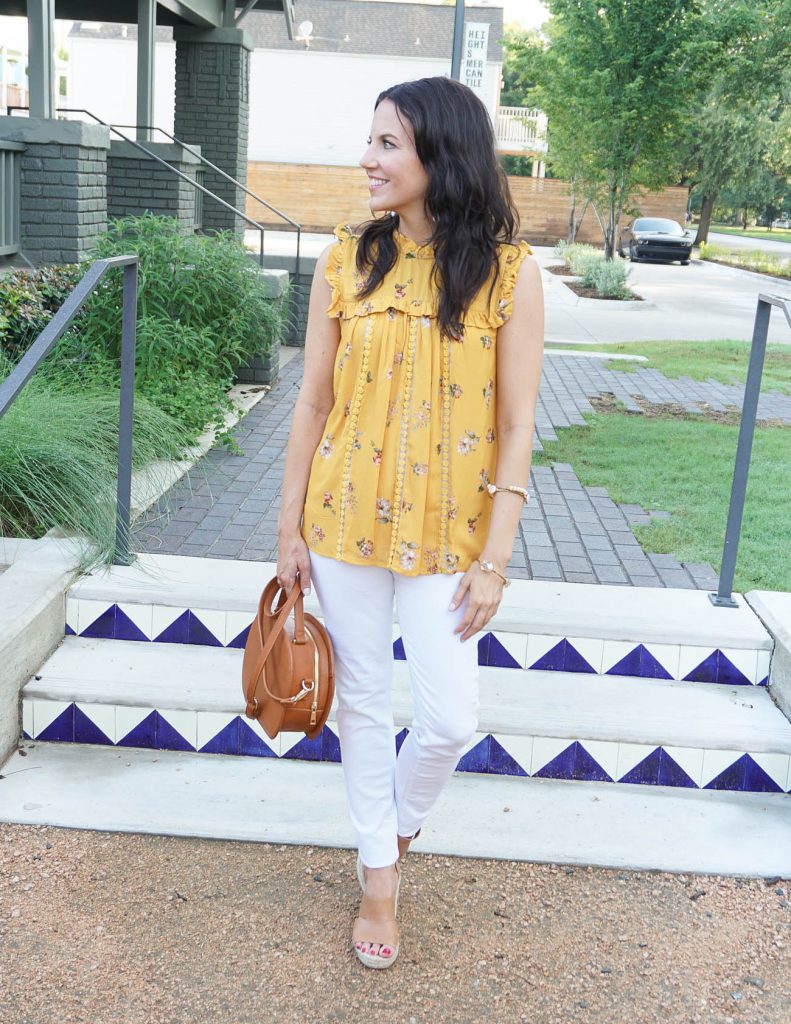 yellow top and white jeans