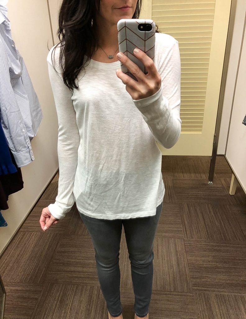 casual outfit | long sleeve white tee | gray skinny jeans | Houston Fashion Blogger Lady in Violet
