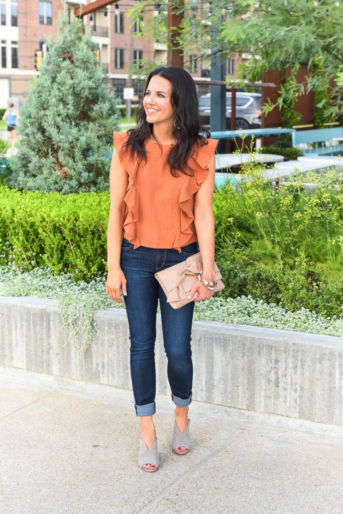 Summer outfit | orange ruffle top | gray suede mules | Houston Fashion Blogger Lady in Violet