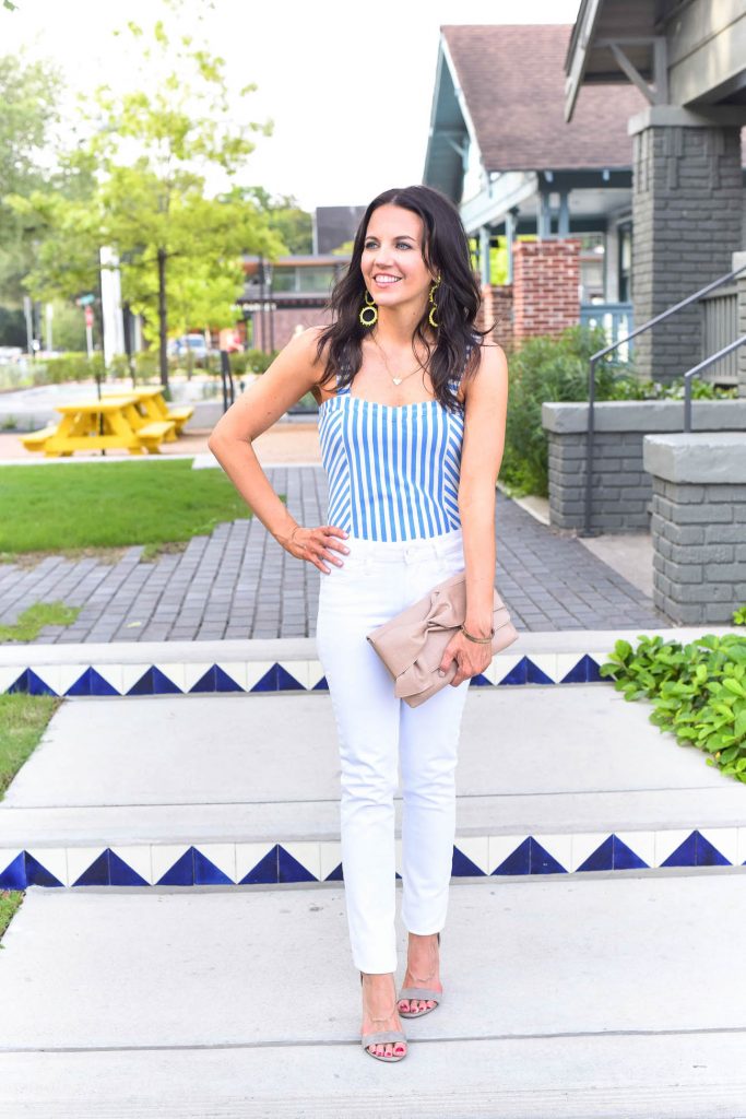 Summer outfit | striped bodysuit | white skinny jeans | Houston Fashion Blogger Lady in Violet