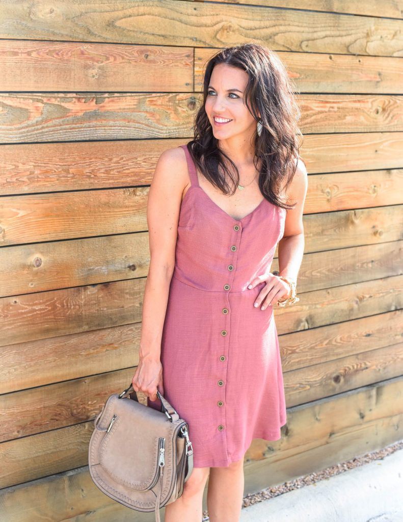 boho chic outfit | pink button front dress | summer fashion | Houston Fashion Blogger Karen Kocich