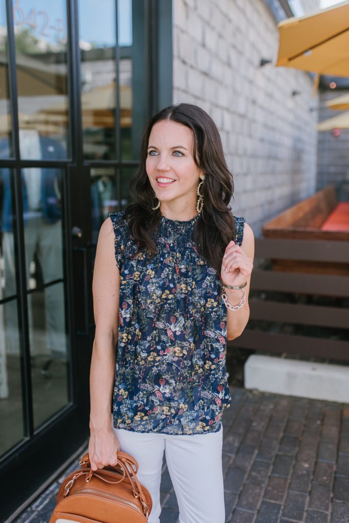 casual outfit | navy floral top | yellow statement earrings | Houston Fashion Blogger Lady in Violet