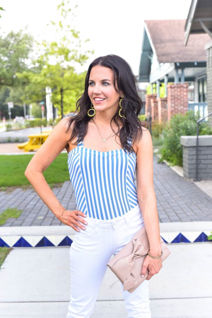 weekend outfit | striped bodysuit | yellow statement earrings | Houston Fashion Blogger Karen Kocich