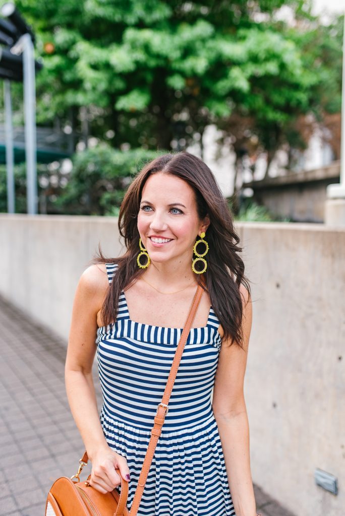 weekend outfit | striped maxi dress | yellow statement earrings | Houston Fashion Blogger Lady in Violet