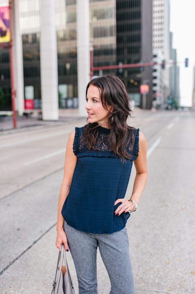 work outfit | navy lace blouse | gray ankle pants | Houston Fashion Blogger Lady in Violet