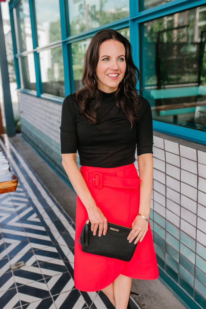 Red skirt office store outfit