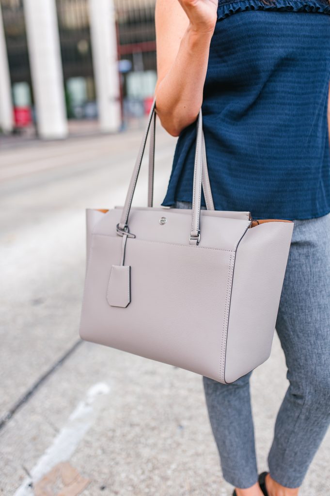 Fall work outfit | gray tory burch tote bag | Houston Fashion Blogger Lady in Violet