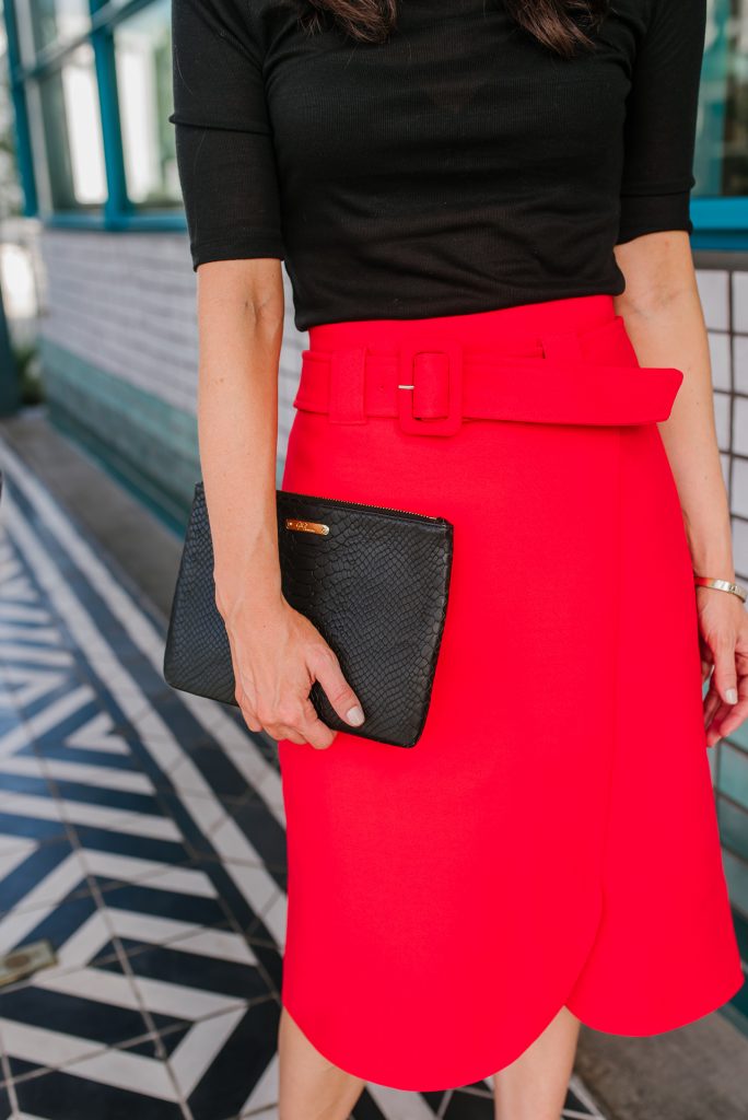 office outfit | red belted midi skirt | black clutch purse | Houston Fashion Blogger Karen Kocich