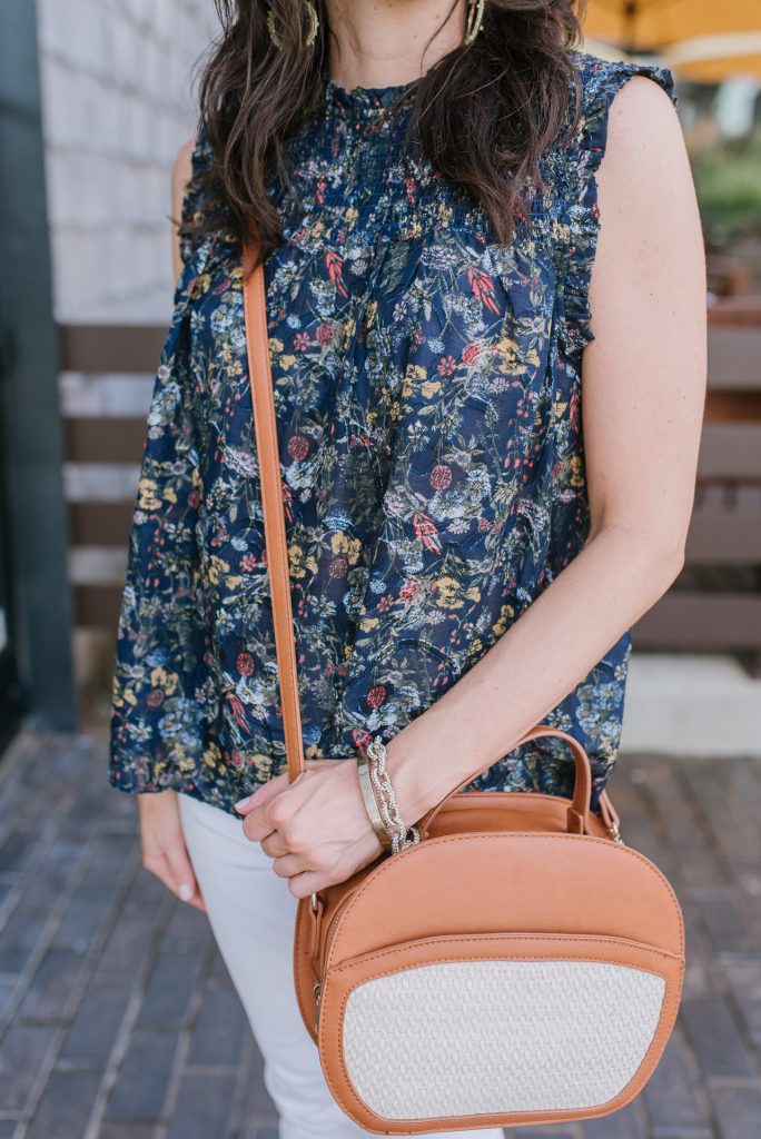 weekend outfit | sleeveless floral top | sole society canteen bag | Houston Fashion Blog Lady in Violet