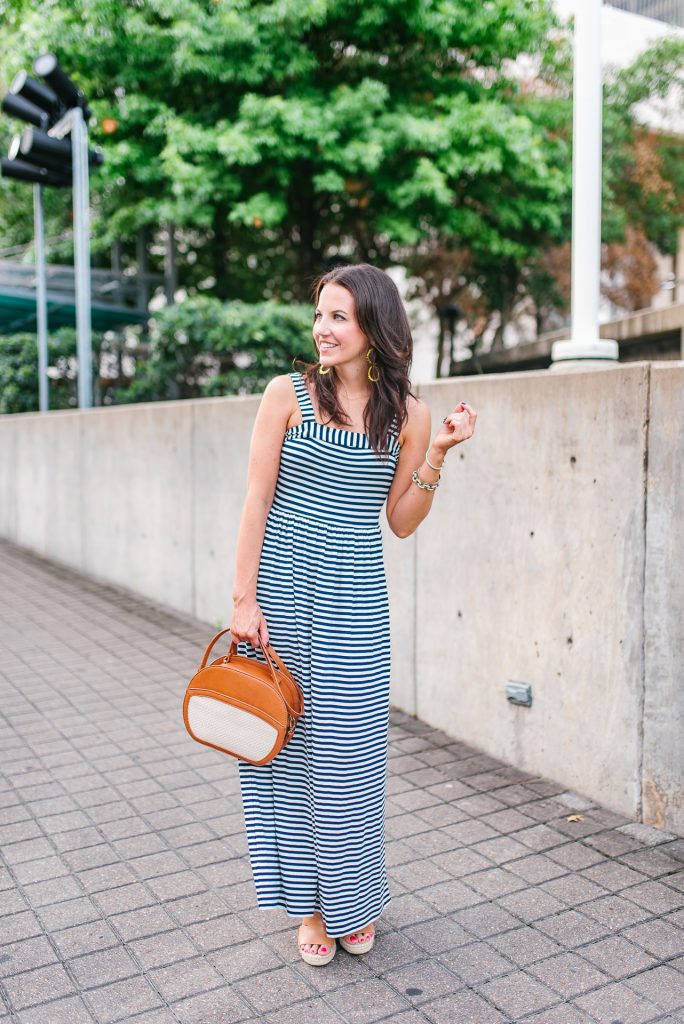 casual summer outfit | striped maxi dress for petite | brown wedge sandals | Houston Fashion Blogger Lady in Violet