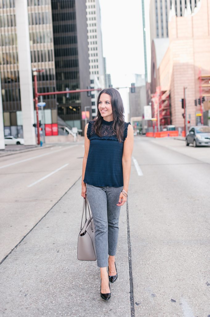 fall work outfit | navy sleeveless blouse | gray skinny pants | Houston Fashion Blogger Lady in Violet