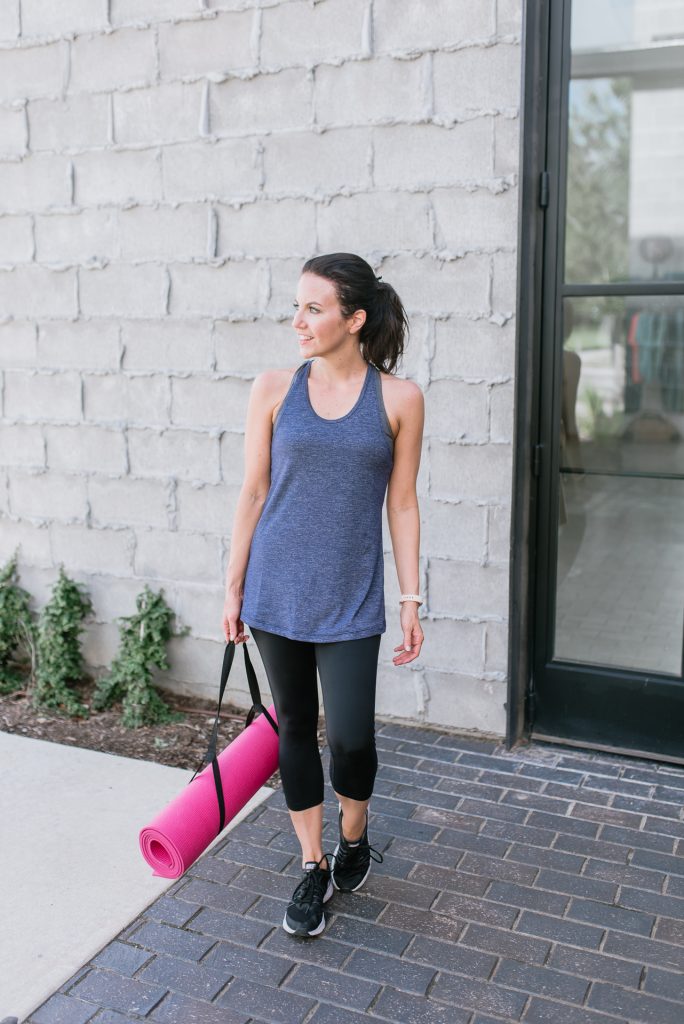 gym clothes | black leggings | loose fitting tank top | Houston Fashion Blogger Lady in Violet