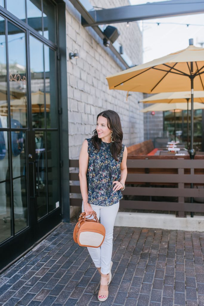 Summer casual outfit | sleeveless floral top | espadrille wedges | Houston Fashion Blogger Karen Kocich