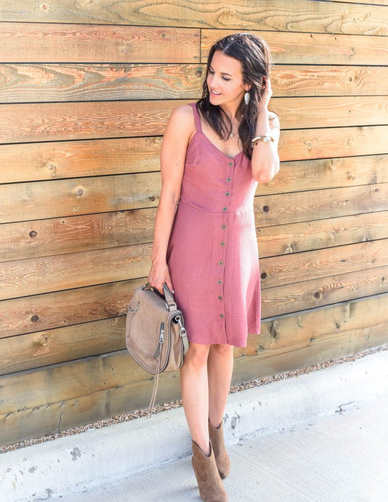 boho chic style | rose button front dress | brown booties | Houston Fashion Blogger Karen Kocich