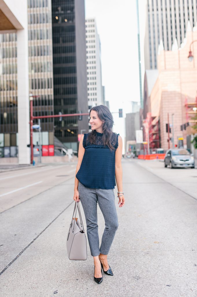 office outfit | navy lace blouse | gray ankle pants | Houston Fashion Blogger Lady in Violet