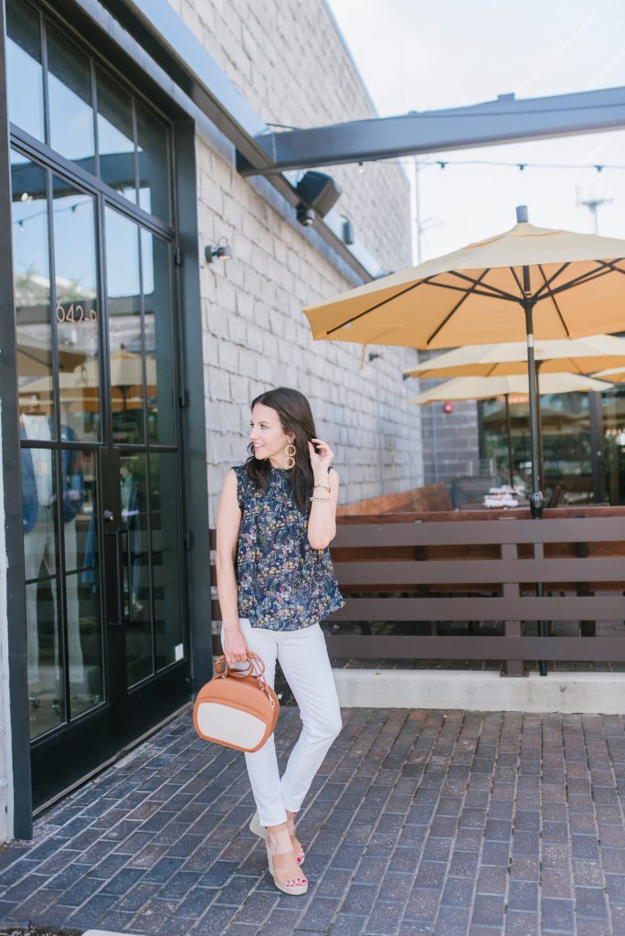 summer outfit | navy floral top | white denim | Houston Fashion Blogger Lady in Violet