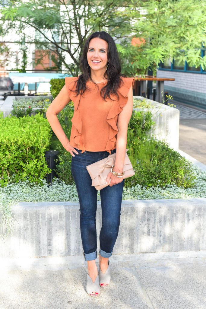 summer outfit | orange ruffle top | dark skinny jeans | Houston Fashion Blogger Lady in Violet