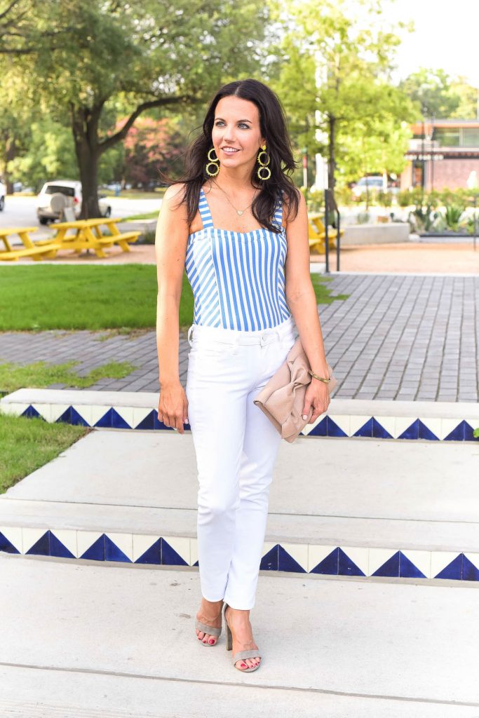 Summer outfit | striped bodysuit | white denim | Houston Fashion Blogger Karen Kocich