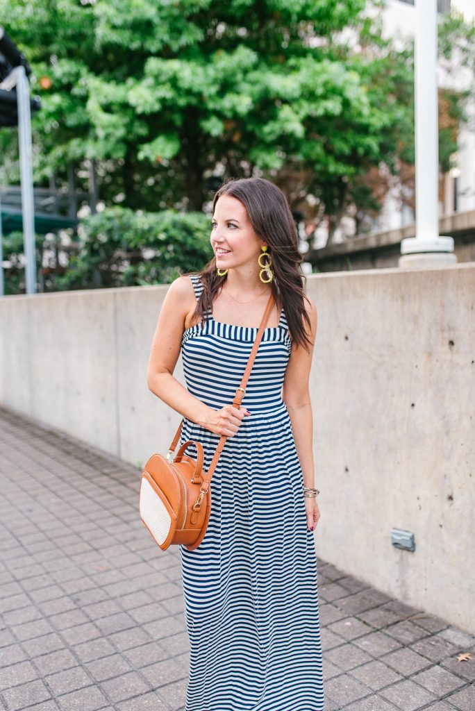 weekend outfit | striped maxi dress | crossbody bag | Houston Fashion Blogger Lady in Violet