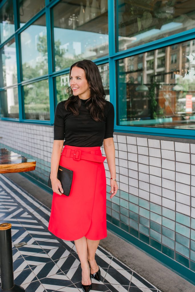 what to wear to the office | red midi skirt | black heels | Houston Fashion Blogger Lady in Violet