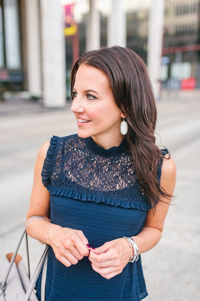 summer outfit | kendra scott earrings | navy lace blouse | Houston Fashion Blogger Lady in Violet