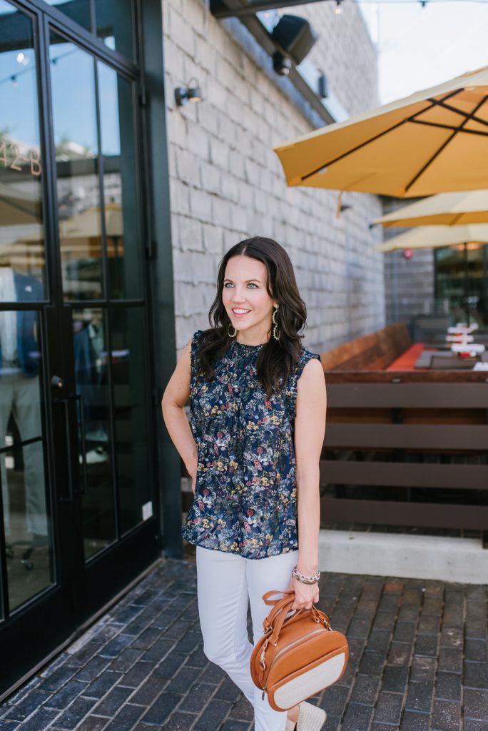 summer outfit | navy floral top | yellow statement earrings | Houston Fashion Blogger Lady in Violet