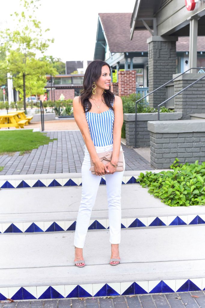 summer outfit | striped bodysuit | bow clutch | Houston Fashion Blogger Lady in Violet