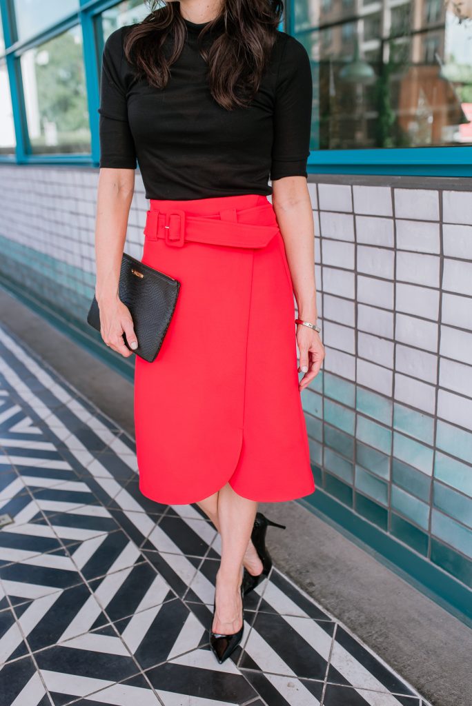 workwear | red midi skirt | black patent heels | Houston Fashion Blogger Lady in Violet