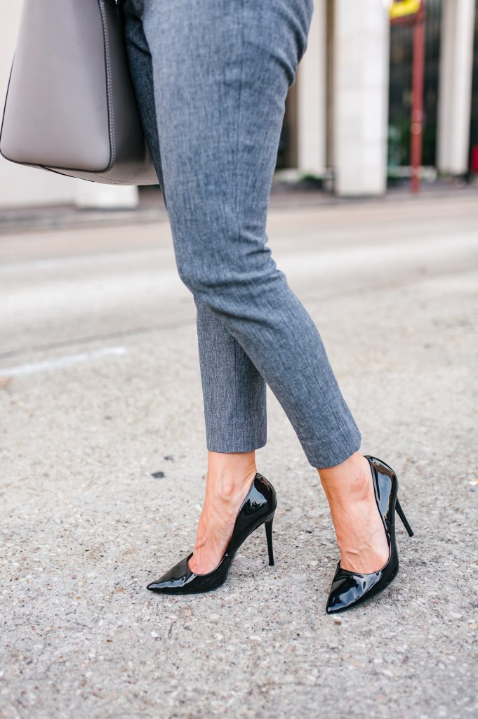 Fall work outfit | gray slacks | black patent heels | Houston Fashion Blogger Lady in Violet