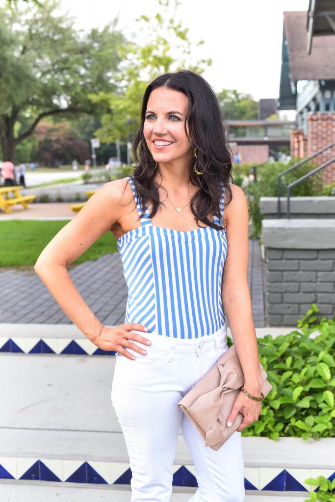 Weekend outfit | striped bodysuit | bow clutch purse | Houston Fashion Blogger Lady in Violet