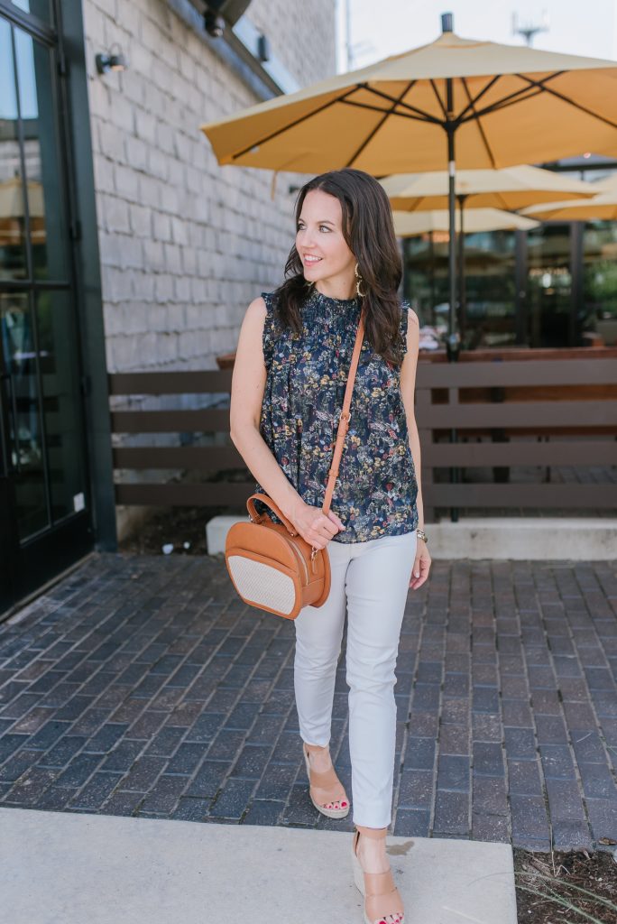 summer outfit | navy floral top | white jeans | Houston Fashion Blogger Lady in Violet