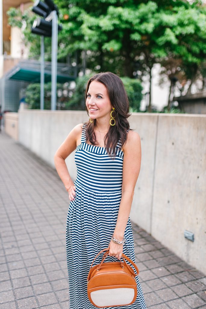 weekend outfit | striped maxi dress | yellow earrings | Houston Fashion Blogger Lady in Violet