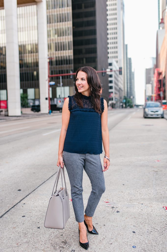 work outfit | navy sleeveless top | gray work pants | Houston Fashion Blogger Lady in Violet