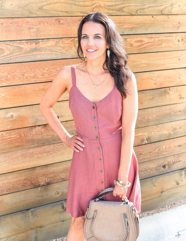 casual summer outfit | pink button front dress | kendra scott earrings | Houston Fashion Blogger Lady in Violet